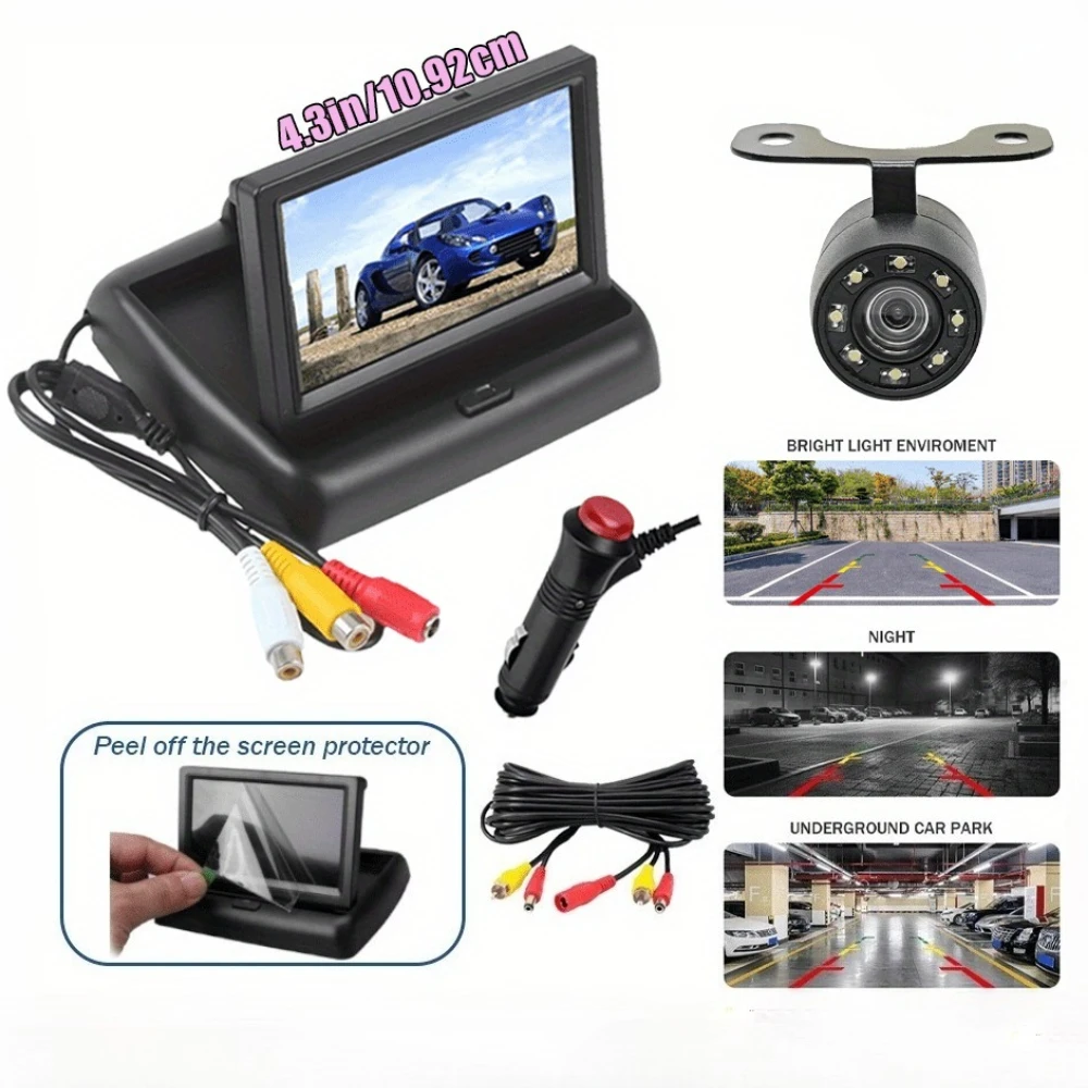 Car Rearview Backup Camera System with 8 LED Lights, Plug and Play,4.3-Inch Foldable Screen Backup Camera Kit