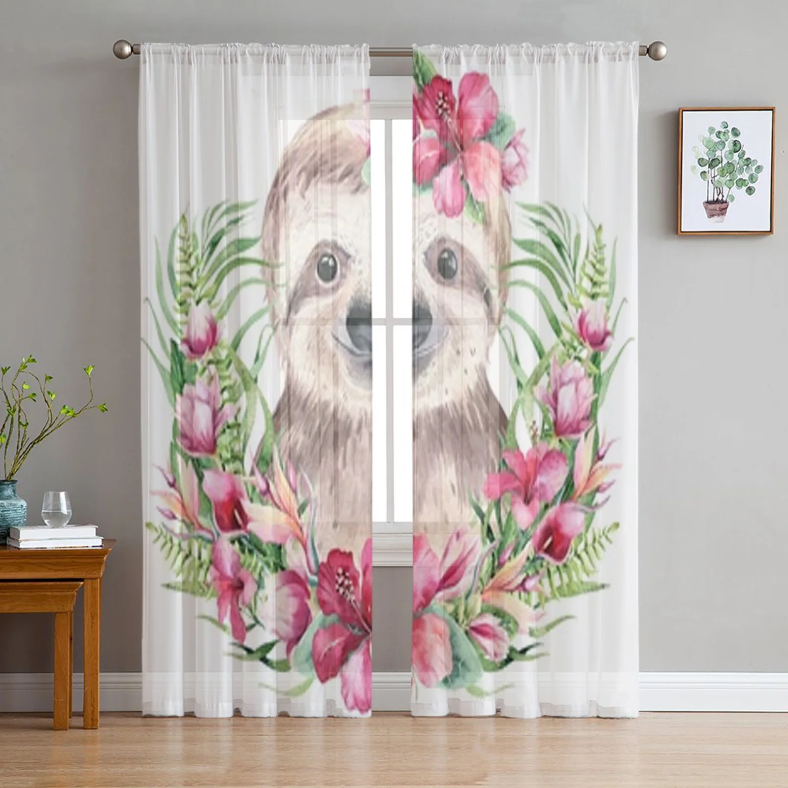 

Watercolor Cartoon Sloth Chiffon Sheer Curtains For Living Room Bedroom Decoration Window Tulle Curtains Drapes