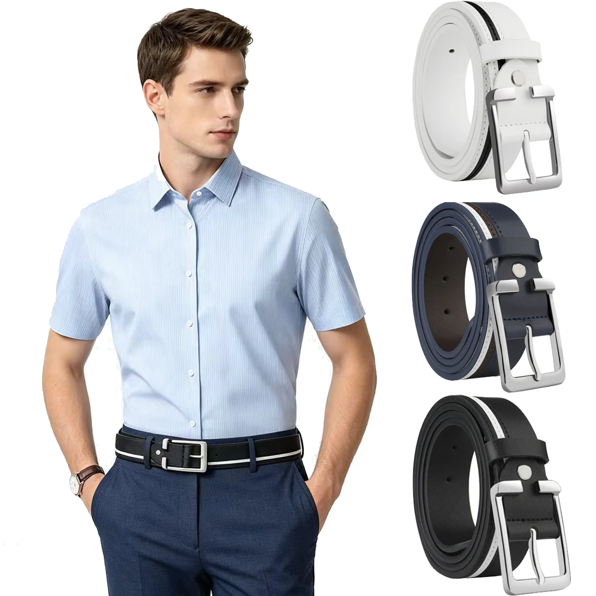 Men's Fashion Needle Buckle Belt, Silver Metal Buckle, Multi functional Business and Leisure Belt, Adjustable in Multiple Sizes