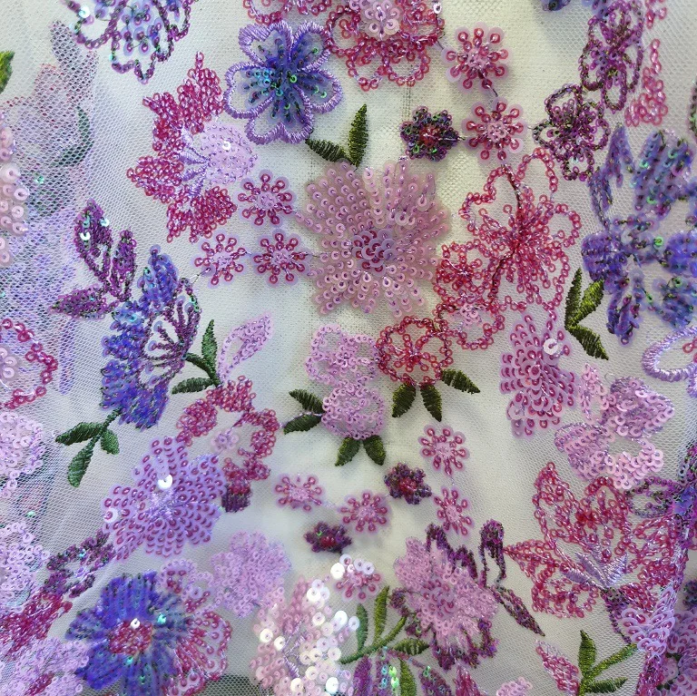 

Latest super shiny colorful sequin embroidered floral sheer lace mesh fabric Swiss African heavy sequined floral lace fabric
