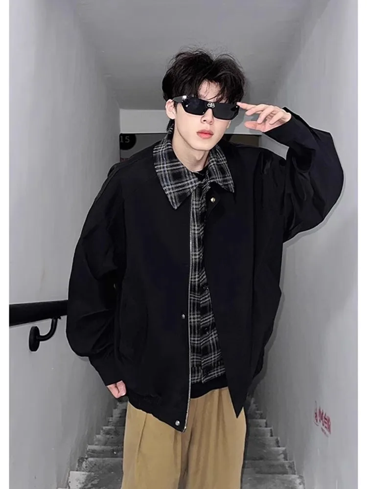 

Browan ort Men's Jaet irt Collar Youthful American Sle Youth Cool Autumn Outerwear Premium Feel Brown Fake Two-Piece