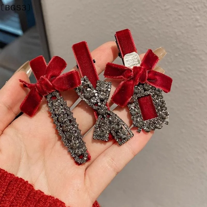 

〔BGS3〕Red Black Velvet Bow Rhinestone Hair Clip Women New Year Atmosphere Retro Duckbill Clip Fashion Hair Accessories Gift