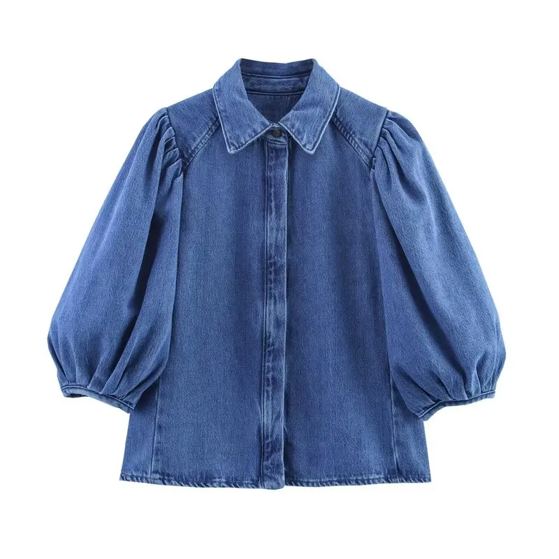 

Spring 2025 Women's Faion Denim irt with Puffy Sves Turn-down Collar High Waist Pants New Arrival Ele Sle