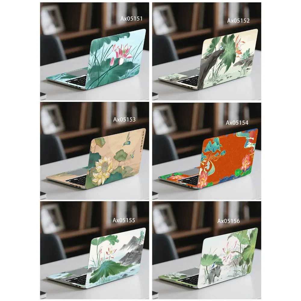 2Pcs Chinese‑Style Ink Wash Lotus Laptop Skin Sticker Anti‑Scratch Waterproof Traditional Oriental Floral Art Notebook Decal Set