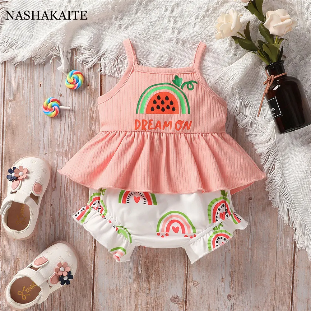 

Summer Newborns Baby Girls Clothes Set Rainbow PrintedToddler Costume Outfits Cute Baby Sleepwear Children Clothing 0-18month