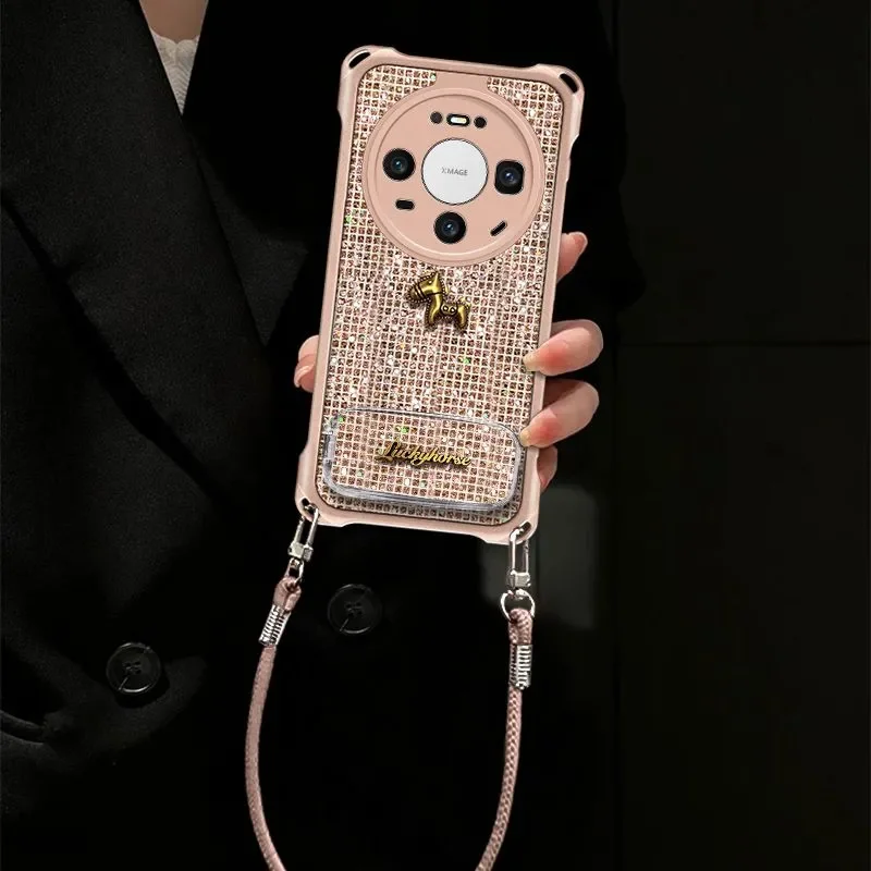 Bling Glitter Phone Case For Huawei Mate 80 Pro 70 60 50 Pro Cute Gold 3d Lucky Horse Mirror Kickstand Shockproof Cover