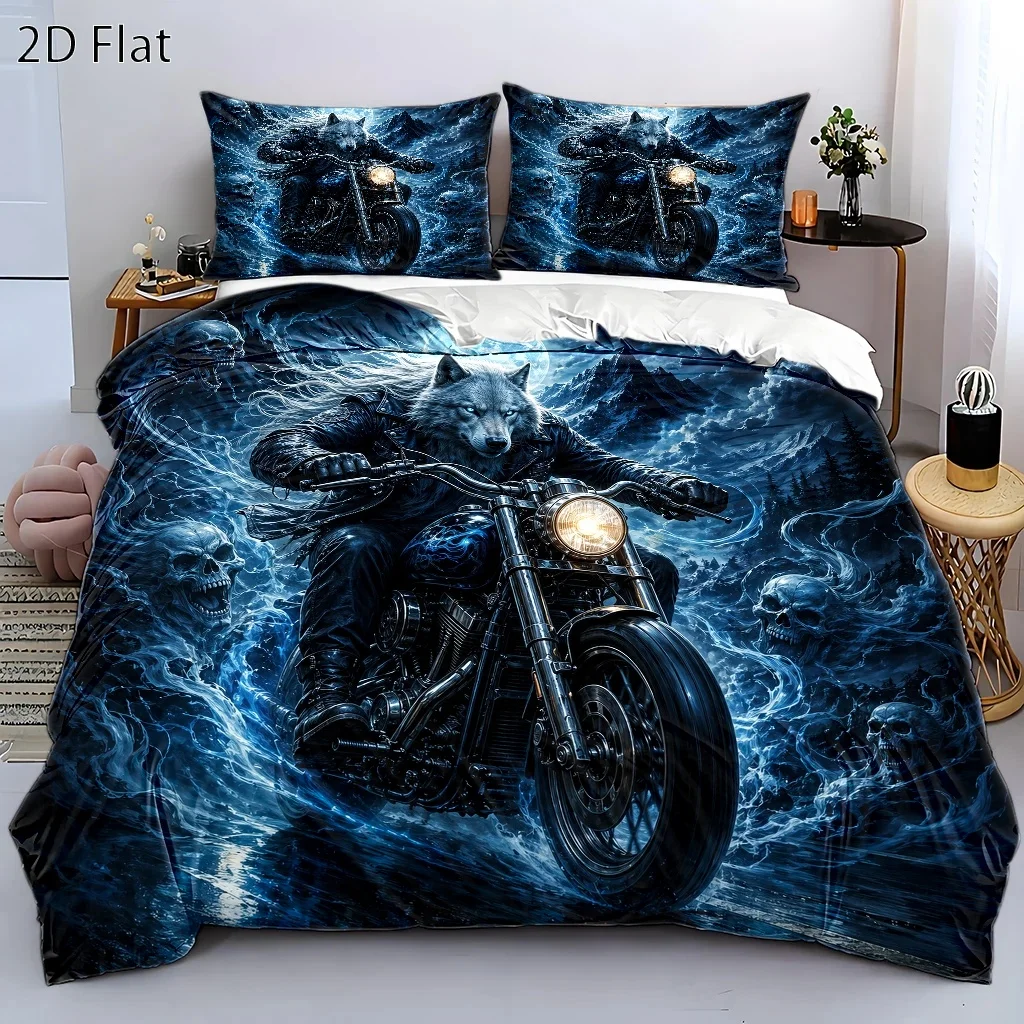 3Pc Dark Gothic Wolf Head Rider Skull Moon Night Duvet Cover Set, Three-Piece Bedding Set (1 Duvet Cover + 2 Pillowcases), Suitable for All Seasons, Machine Washable, with Invisible Zipper, Large Double Bed Cover Set, Suitable for Home, Dormitory, Master Bedroom, Guest Room, Cool Motorcycle Style Magical Skull Decorative Bedding, Trendy Personalized Bedroom Bedding Set, Popular Dark Style Three-Piece Bedding Set