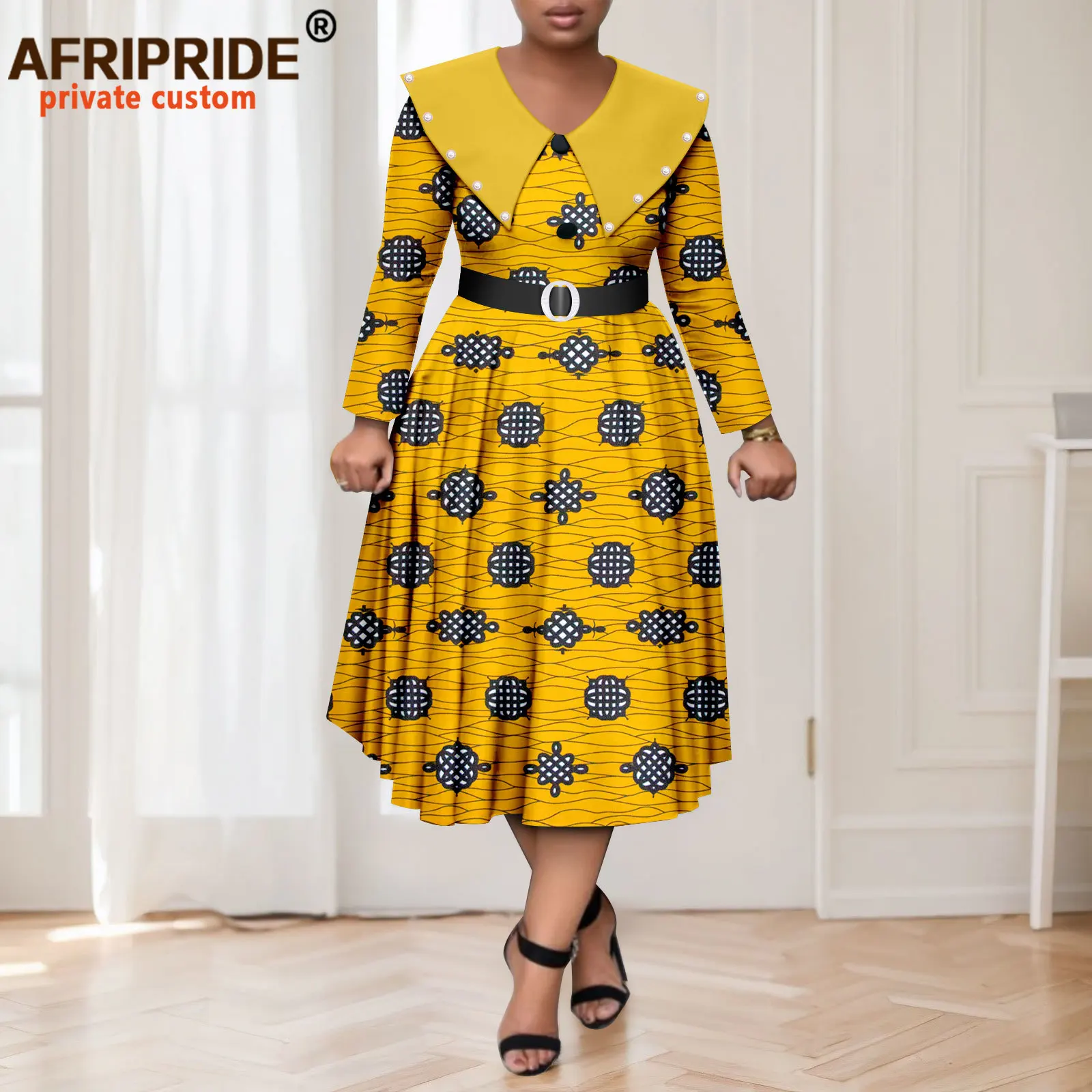African Dresses for Women Embroidered Flares High Waist Print Dress Casual Party Outfit Dashiki Clothing with Belt 2525047