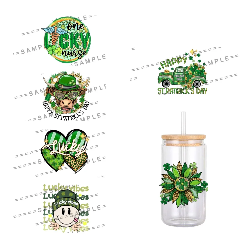 11x12cm Saint Patrick's Day Clover Pattern UV DTF Waterproof Transfers Decals For 16oz Glass Cup Wrap Stickers