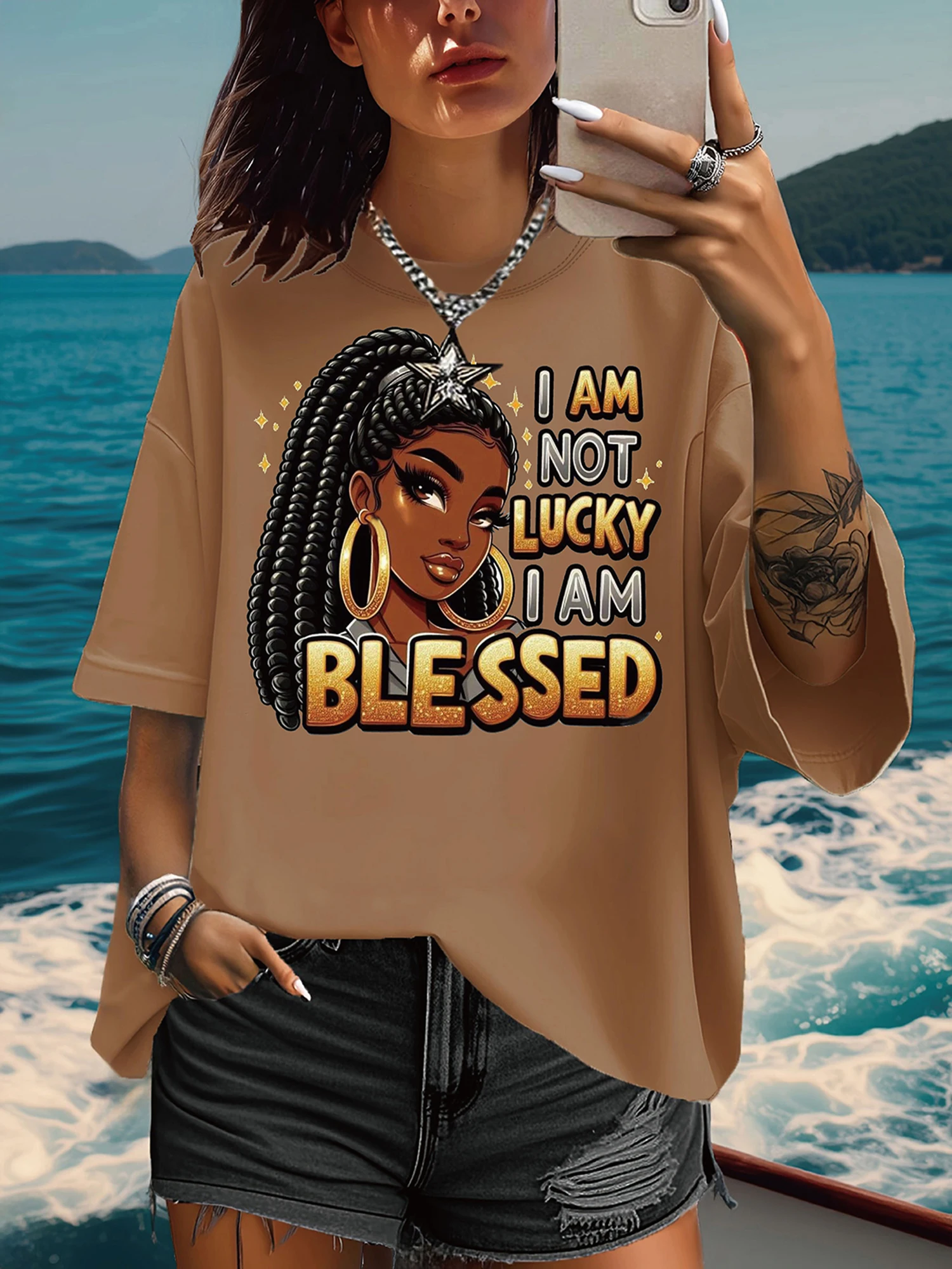 

Women's Plus Size T-Shirt Original Design Funny Letter Cartoon Pattern Printed Women's Casual Round Neck Short Sleeved Tops