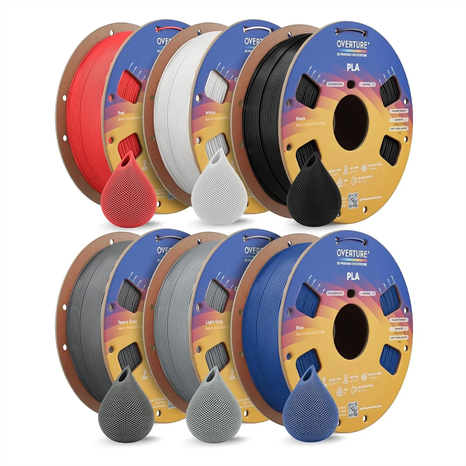 

6KG Bundle PLA Filament 1.75mm, 6 Pack 1kg(2.2lbs) Cardboard Spool, Dimensional Accuracy +/- 0.02mm for FDM 3D Printer (6