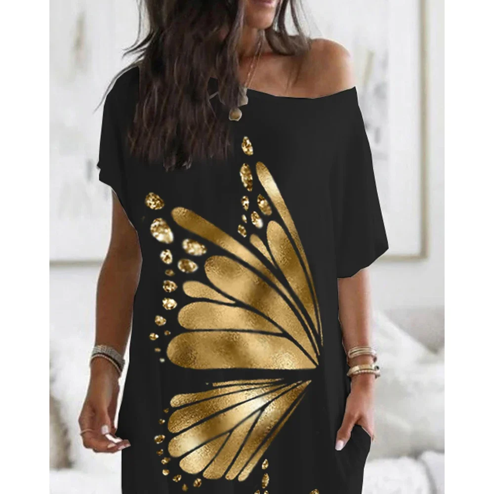 Women Metallic Butterfly Pattern Pocket Detail Casual Homewear Maxi Long Dress Casual Loose Short Sleeve Women Clothes