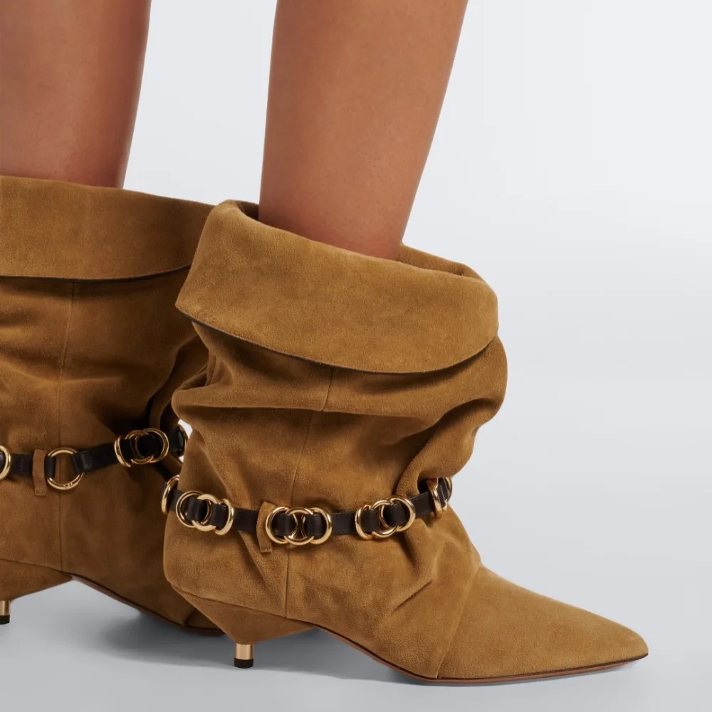 Women Fold‑Over Ruched Mid Calf Boots Pointed Toe Kitten Heel Suede Booties with Metal Chain Decor for Daily Night Outfits