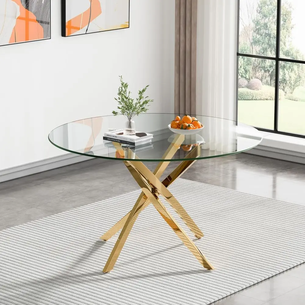 

47 Glass Dining Table for 4-6, Gold Metal Legs, Suitable for Home, Kitchen, Restaurant