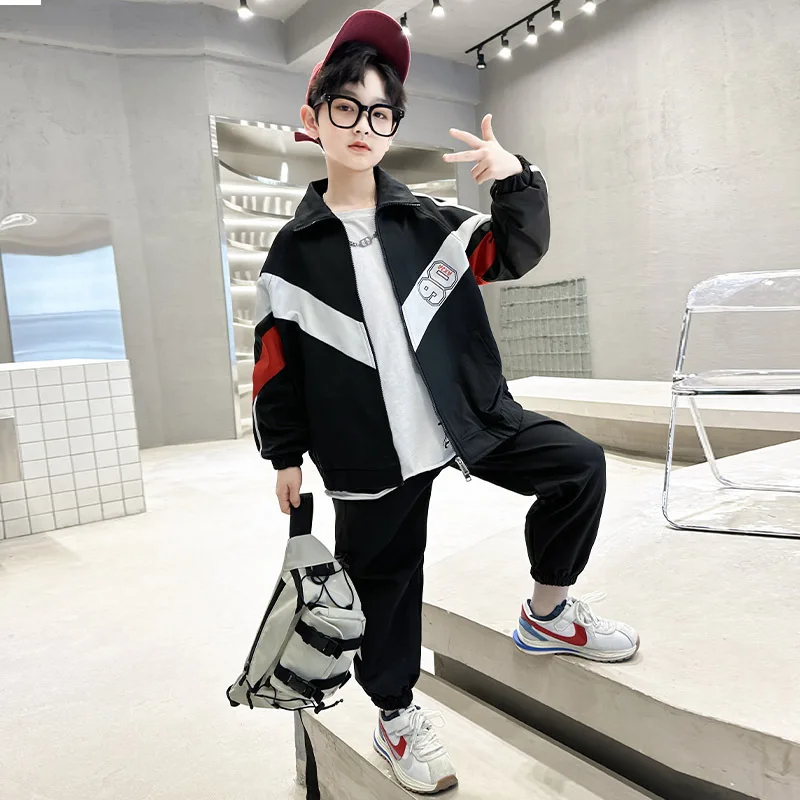 Autumn teenage boys clothes set zipper jacket+Casual pants 2pcs 4-15 kids sport suit Color block children outfit leisure wear