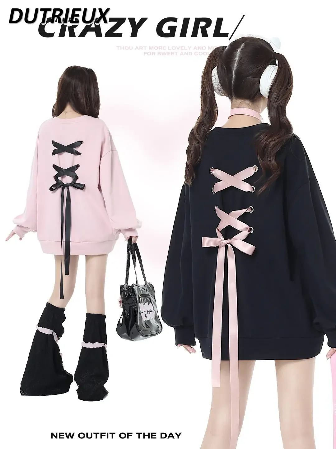 Japanese College Style Spring and Autumn New Sweet Hoodies Pullover Bow Bandage Love Loose All-Match Long-Sleeved Sweatshirt