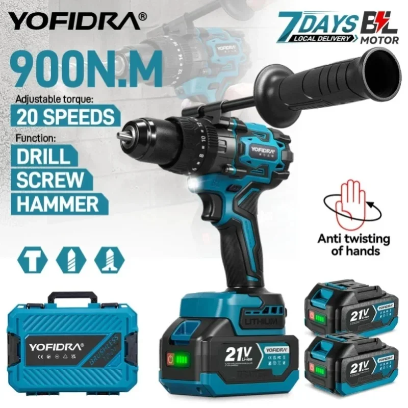 Taladro de impacto eléctrico sin escobillas YOFIDRA 900N.M, 20+3 niveles de torque, 13MM, destornillador de mano, herramienta eléctrica