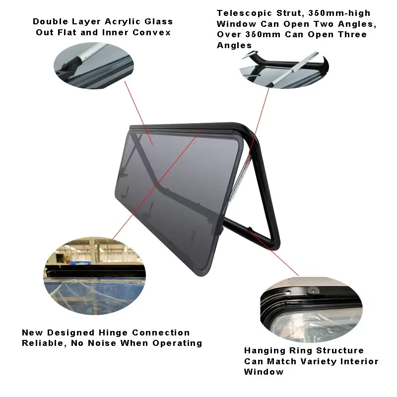 Three Open Angles Aluminum Window 500*800mm Double Layer Acrylic Window For RV