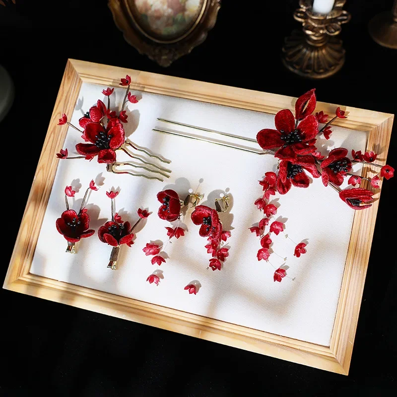 Red Flower Hair Pins Sets for Women, Elegant Lily of The Valley Fringed Hairpin for Bridal Headdress