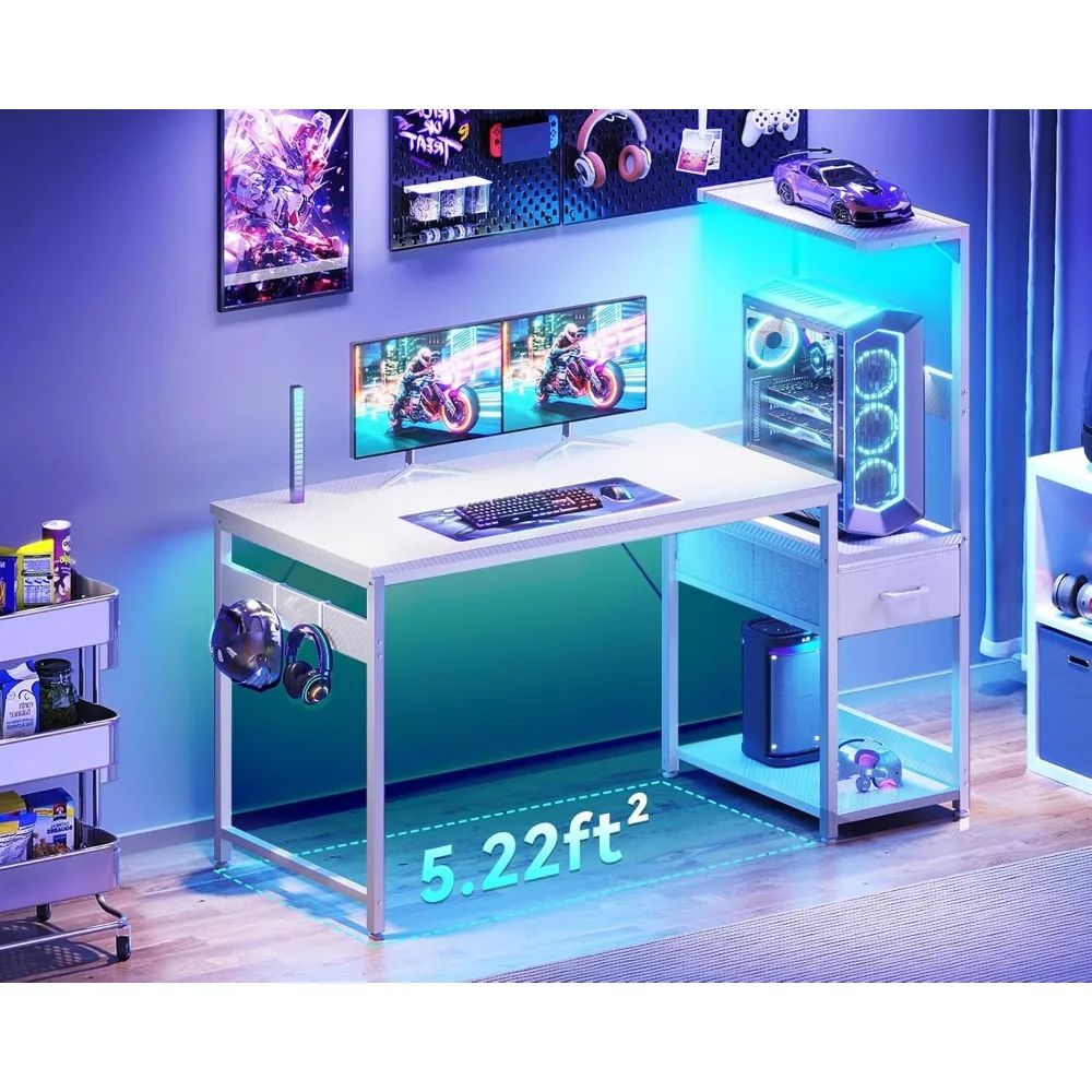 LED-Illuminated 48 Reversible Modern Gaming Desk with Storage and Fabric Drawers, featuring Display Shelves for Enhanced Compute