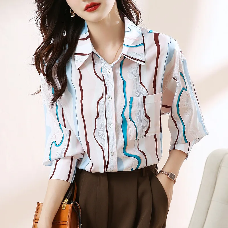 

Oem Spring Fall Casual Shirt Stripe Print Sleeve Lapel Button-up Vintage Blouse Elegant Office Tops Blusas blouse women