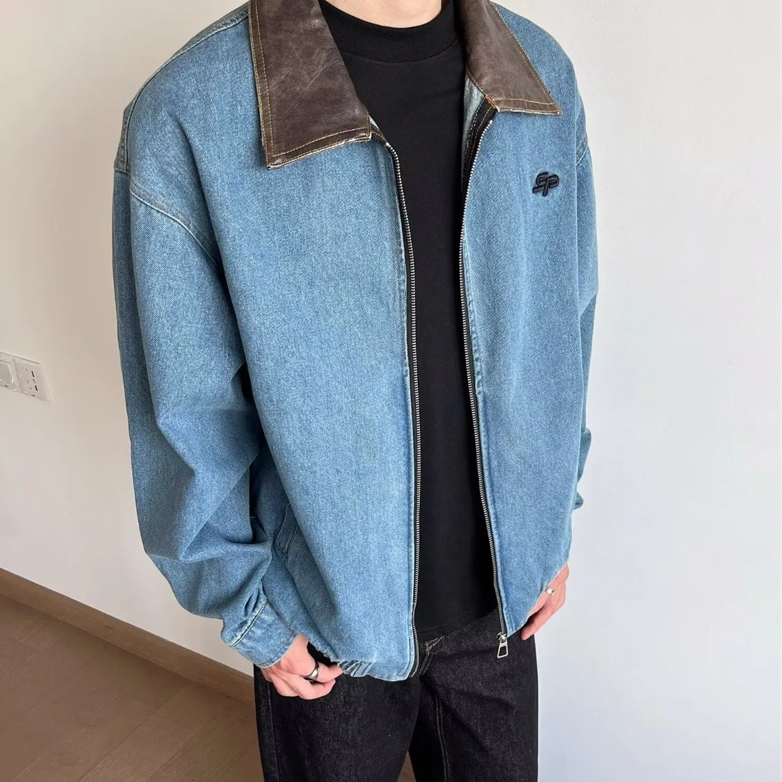 

Loose Fit Casual Youth Zipper Denim Jaet Men's Leather Collar Jaet Autumn Trendy American Retro Top Wear Outerwear