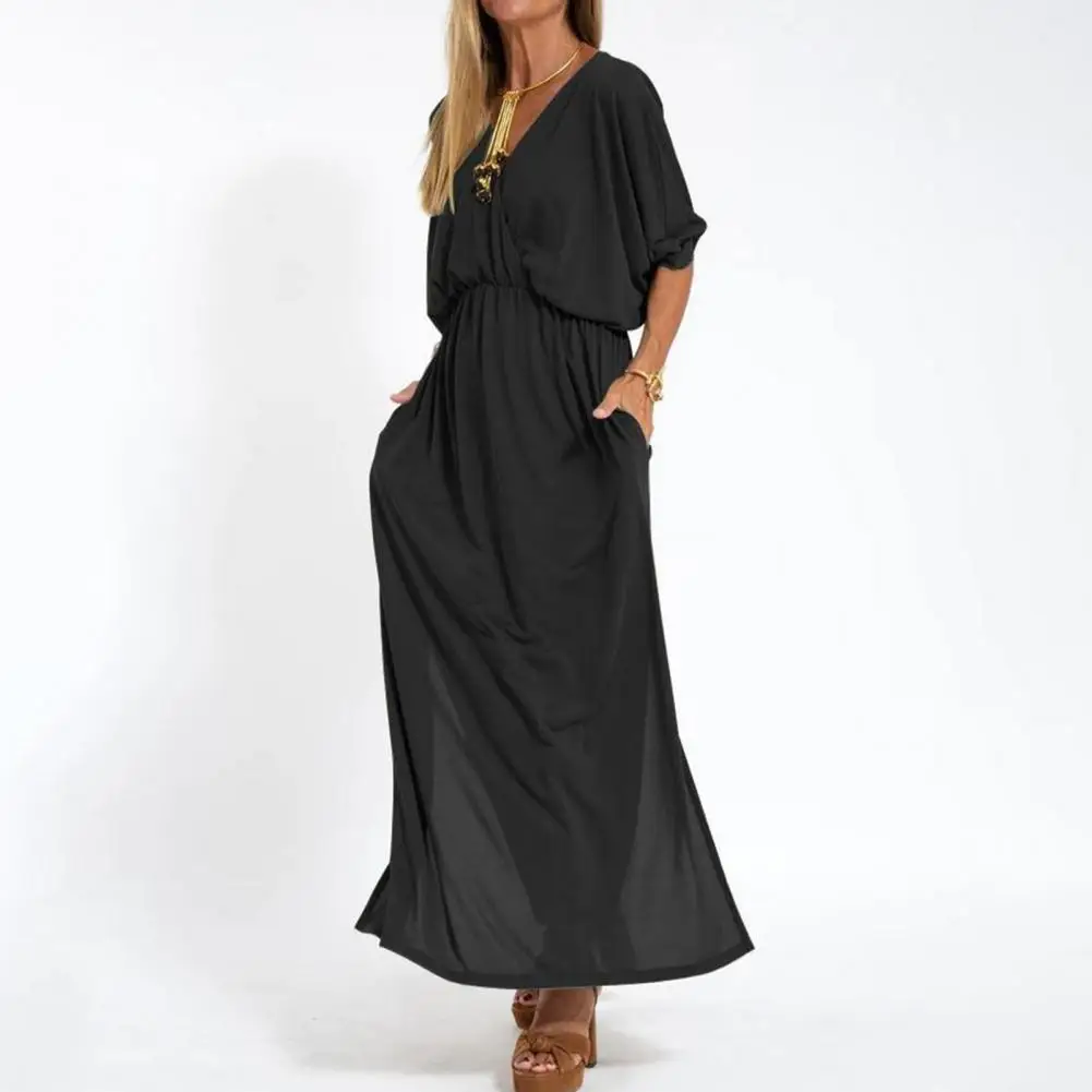 Women's Spring And Summer Shirt Loose Dress V-neck High Waist Dress Solid Color Slit Pleated Women's Party Dress