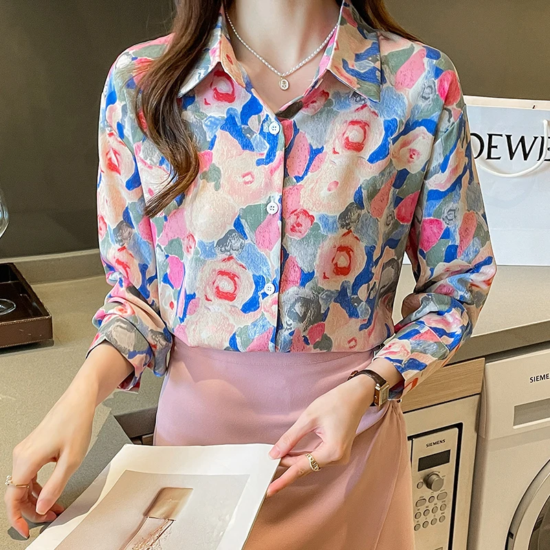 Women Spring Fashion Loose Printing Chiffon All-match Polo-Neck Long Sleeve Shirts Women Clothes Casual Office Lady Trend Tops