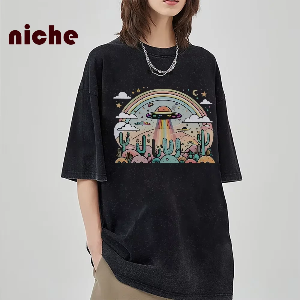 

Vintage Washed Neutral Style T-Shirt Color Rainbow Ufo Graphic Printing High Quality Fabric Round Neck Loose Short Sleeves