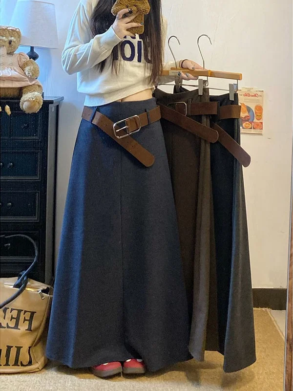 

High Waist Draped Woolen Skirt Women's Autumn Winter plus Size Belly Covering Slimming A-Line Skirt Retro Style