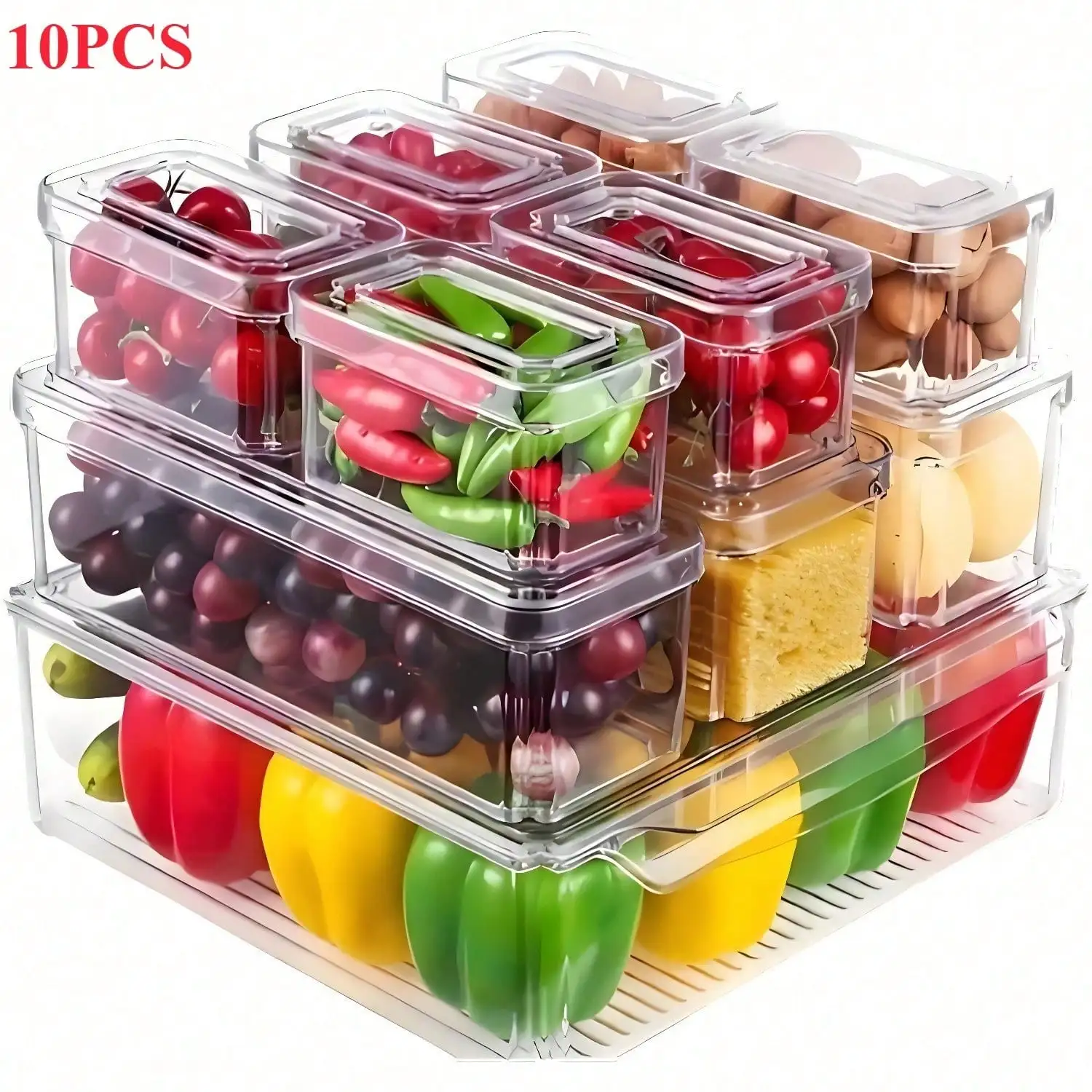 

10PCS Fridge Storage Organizer Bins - Clear Stackable with Lids, Kitchen/Pantry Essential Gift for Family