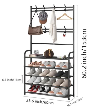 Shoe Rack Coat Rack Strand Simple Metal Storage Rack with Hooks Multipurpose Coat Hanger and Shoe Shelf  for Entryway Home 6