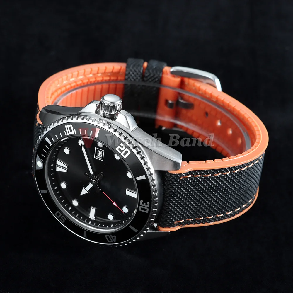 18/19/20/21/22/24mm Nylon-Segeltuch-Gummi-Hybrid-Uhrenarmband für Herren und Damen, Silikon, wasserdicht, orange-blaue Armbänder – Detail 18