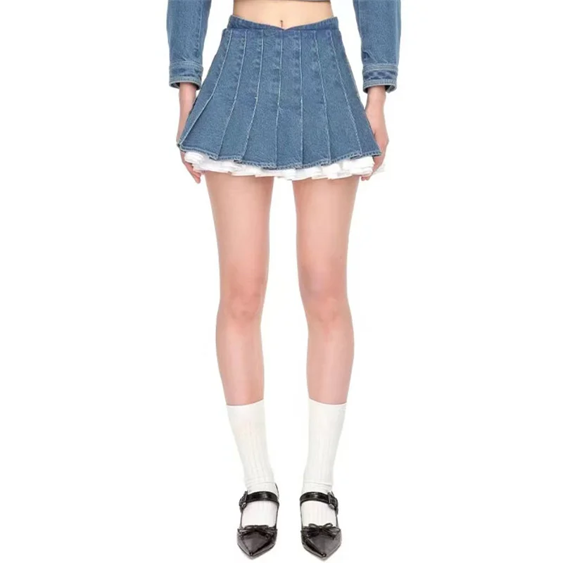 Women's skirt 2024 Summer New Fashion Spliced Women's Half Skirt pure cotton denim skirt Pleated slim mini skirt y2k short skirt