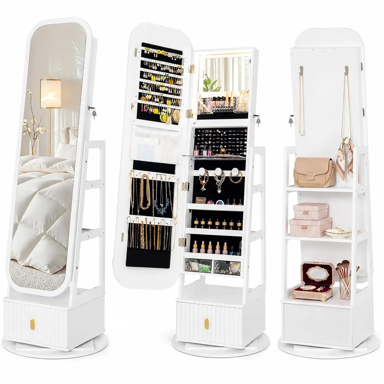 Swivel Jewelry Cabinet, Arched Full Length Mirror, Rear Shelves