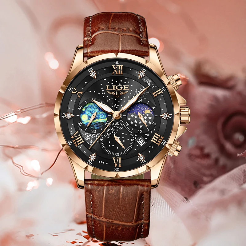 LIGE Elegant Woman Watch Retro Fashion Classic Luxury Casual Clock Moon Phase Auto Date Leather Belt Quartz Women Wristwatch+Box