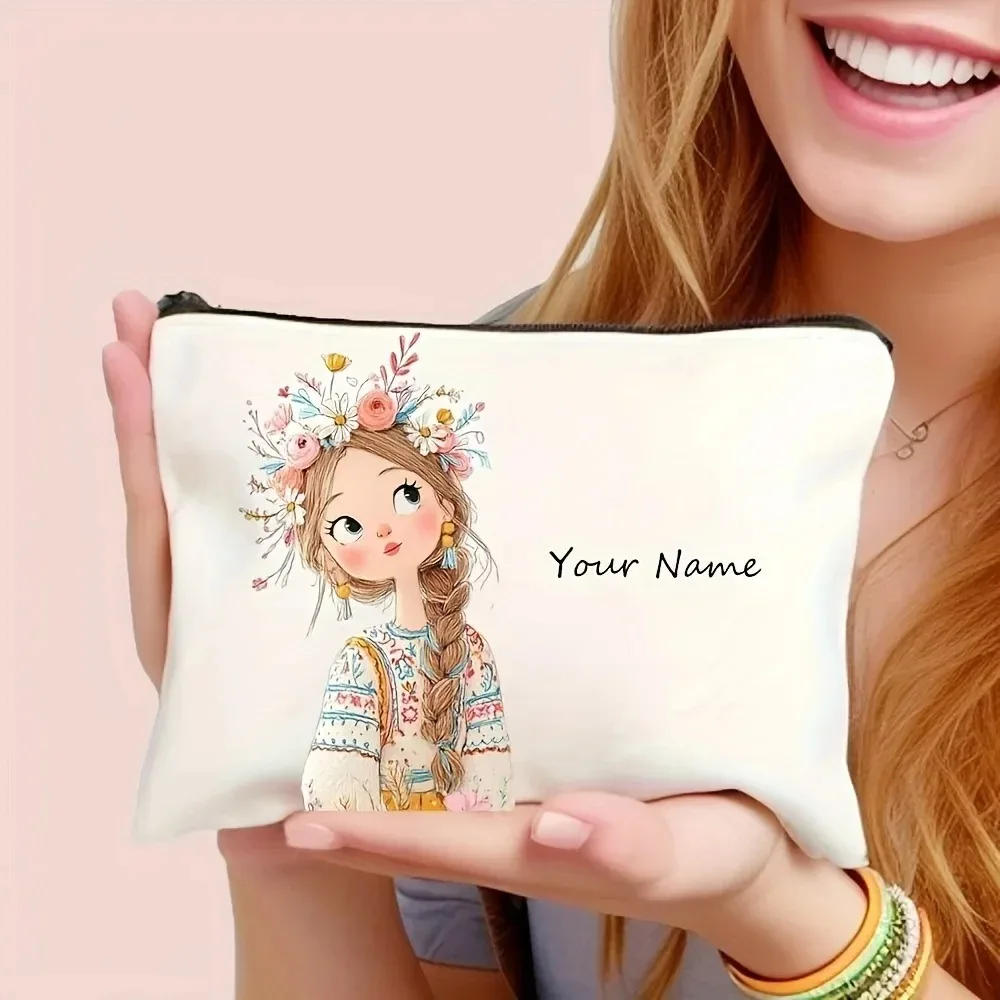 Personalisierte Vintage Kosmetiktasche mit süßem Mädchenmuster, Schminktasche, Federmäppchen, Geschenk für die Feiertage – Detail 5