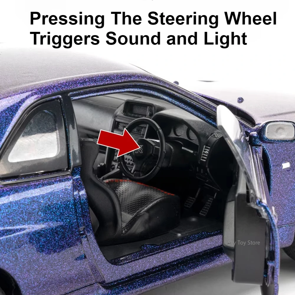 1:24 GTR R34 Senna Diecast aleación modelo juguetes coche sonido luz tirar hacia atrás puertas rueda delantera abierta coches de dirección niños regalo de Navidad