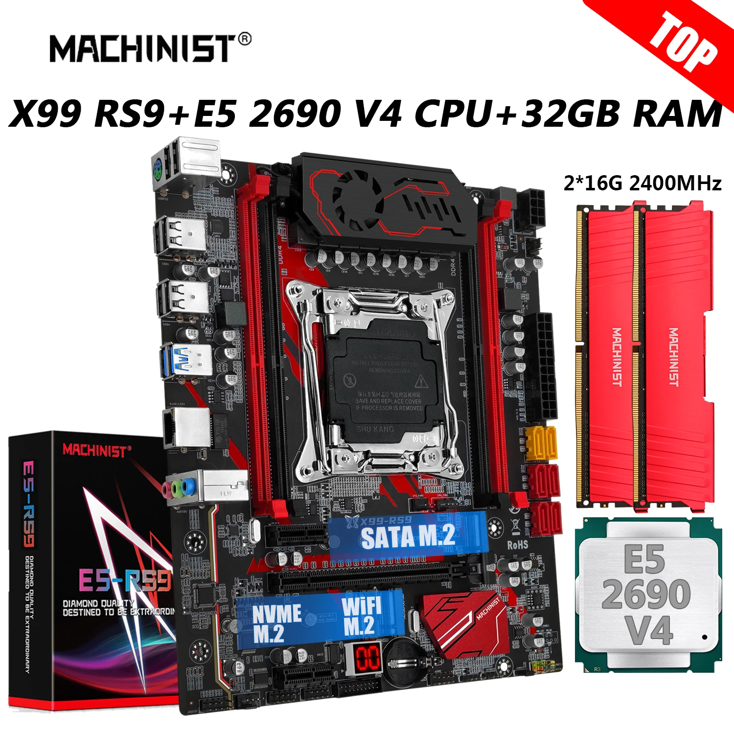 MACHINIST-Conjunto de placa base RS9 X99, procesador Xeon E5 2690 V4, LGA 2011-3 CPU 32G = 16Gx2 DDR4, memoria RAM, WIFI, NVME M.2 SATA