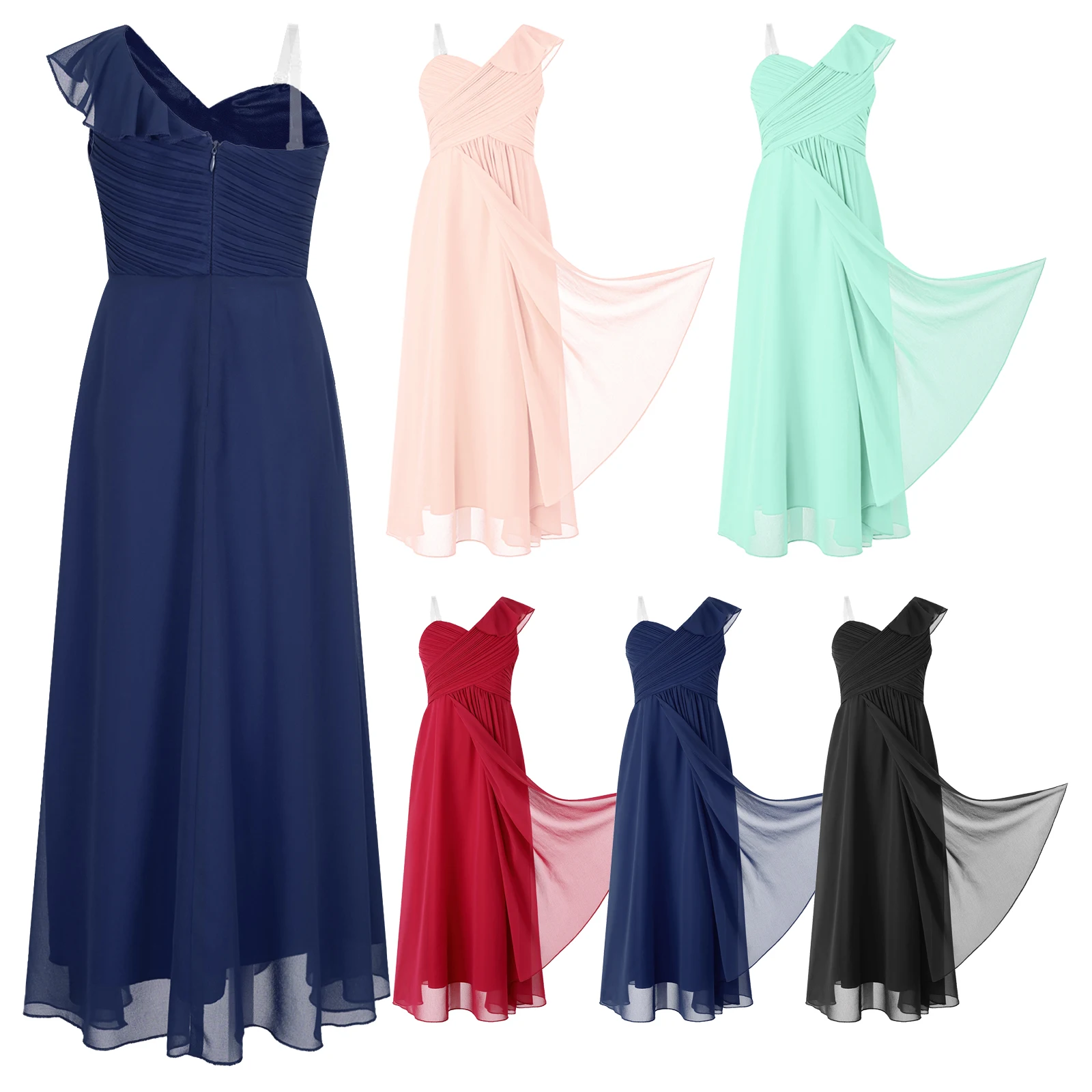 Kids Girls One-Shoulder Ruffle Party Dress Sweetheart Flattering Ruched Asymmetrical Chiffon Maxi Dress