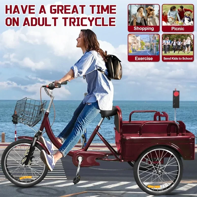 Adult Tricycle, 20 Inch 3-Wheel Bikes Carrying Passengers Seniors Men, Low Step-Through Cruiser Bike for Cycling, Outing, Picnic