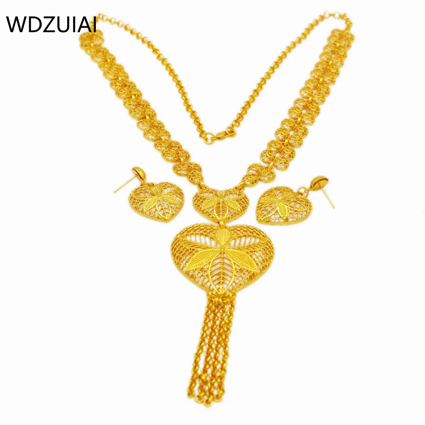 WDZUIAI Heart Shape Gold Color Necklace&Earrings Jewelry Set African Arab Women Girls Party Jewelry French Dubai Wedding Jewelry