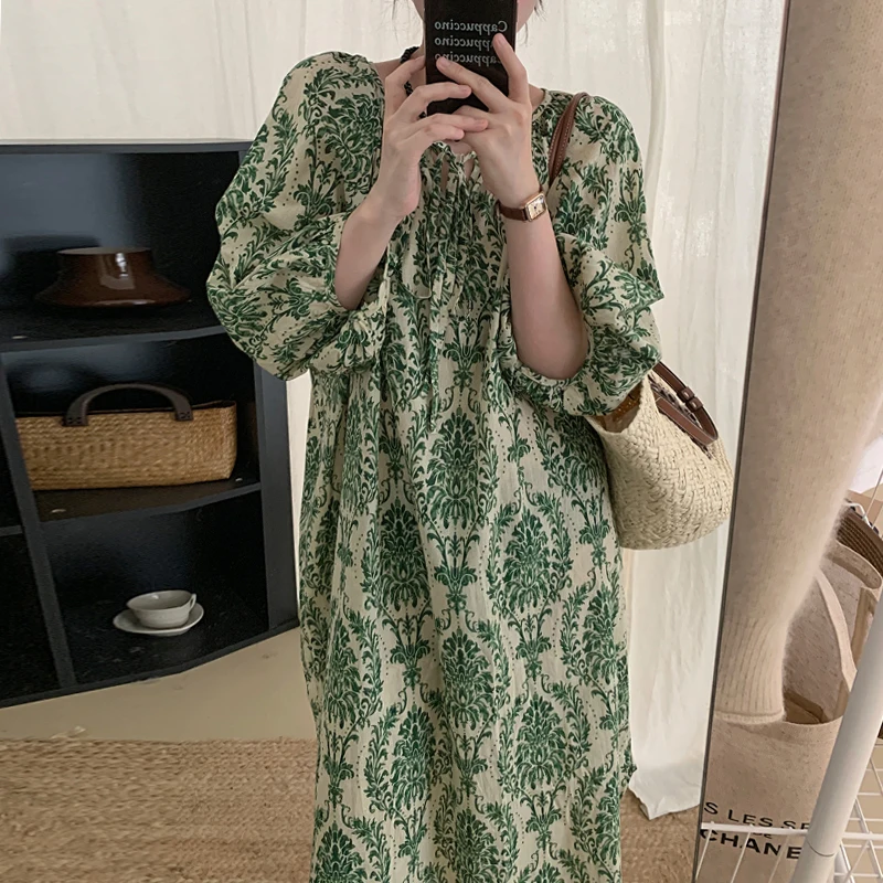 Ele Sommer Vintage rund Ne Blumendruck Gürtel lose Laterne Sve Long Dr Damen Faion Commute Sle Bubble Sl...