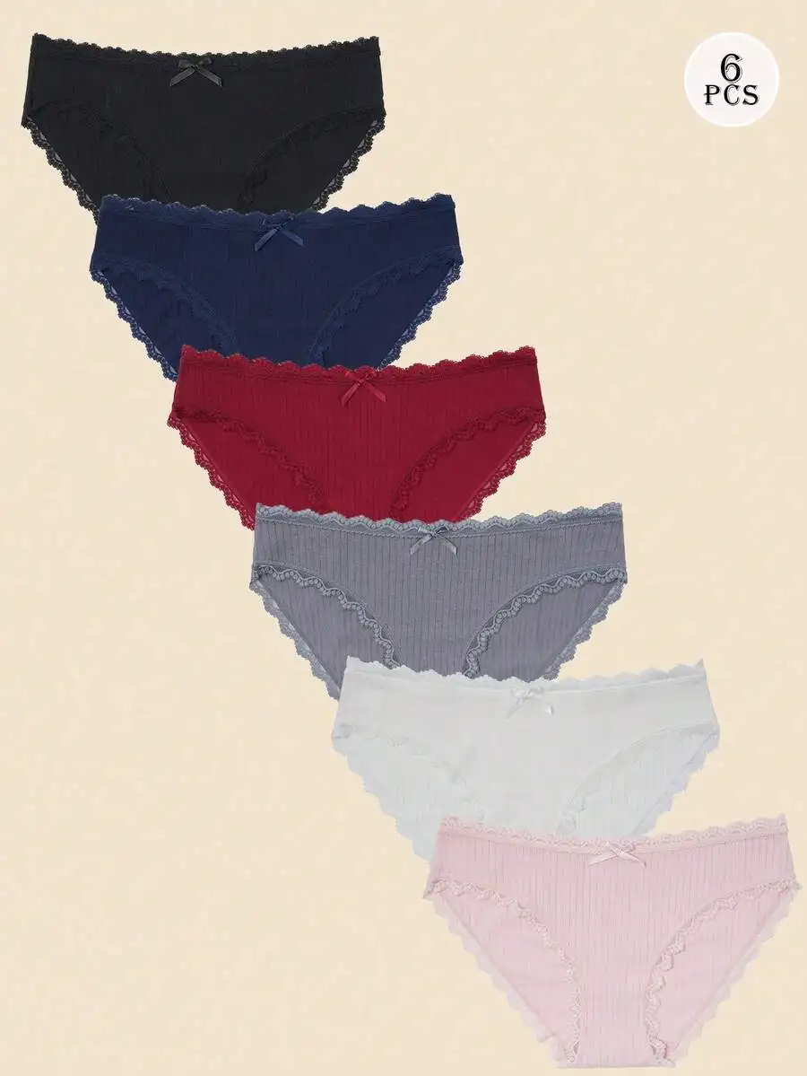 

6 Pack Women Cotton Briefs Bikini Underwear Soft Low Waist Panties With Lace Trim And Bow