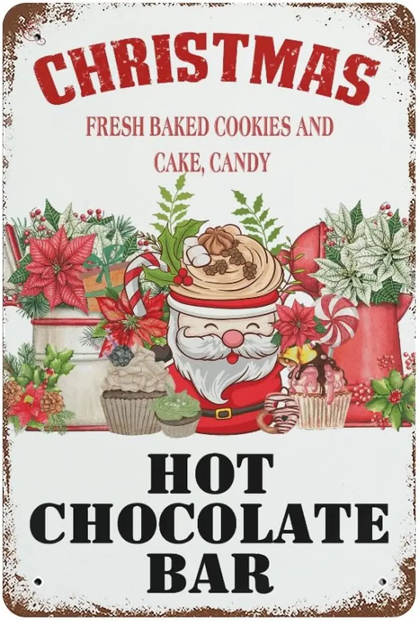 Christmas Signs Hot Cocoa Bar Metal Tin Sign Decor For Home Vintage Christmas Coffee Cocoa Sign Hot Choco Bar Sign Wall Decorati