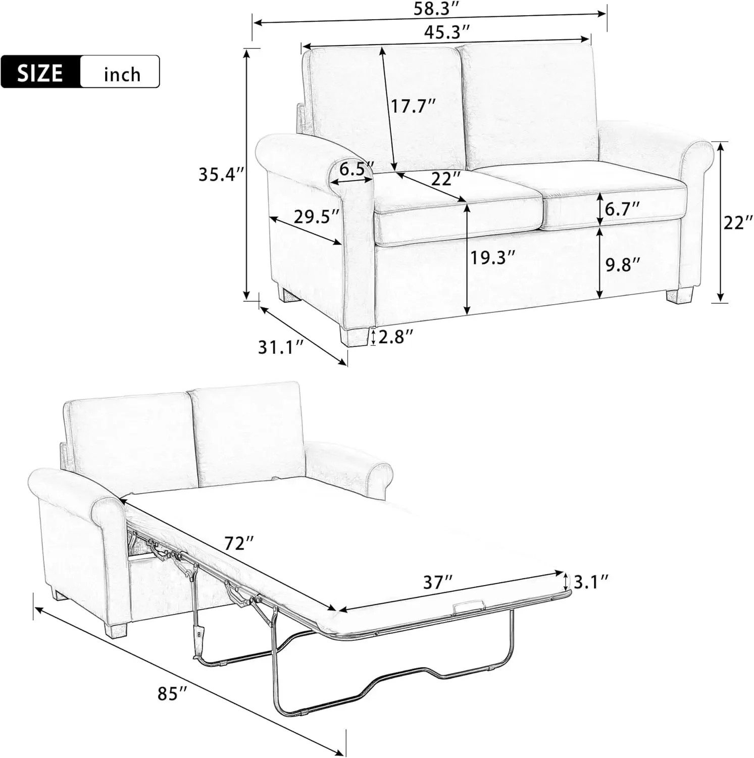 Bed 2 in 1 Couch with Memory Foam Apartment/Small Spaces, Living Room/Office Love Seats, White_w/Mattress