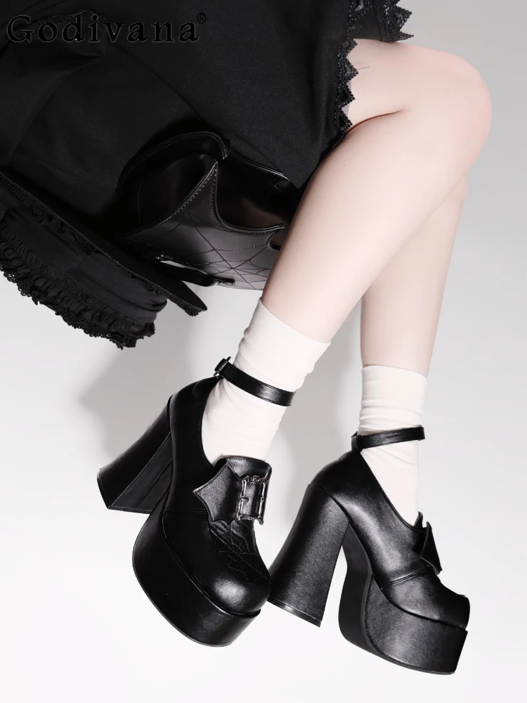 Preppy Style Gothic Women Square Toe High Heels Spring and Autumn Lolita Punk Solid Color Metal Decoration Mary Jane Shoes