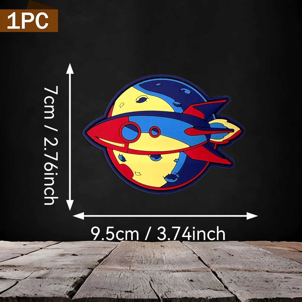 Sci-fi style space-themed soft adhesive decorative sticker, 2D flat PVC material, comes with a non-slip backing, resistant to fading and aging, available in various sizes, 1pc/2pcs/3pcs, decorative accessory for backpacks and trendy storage bags