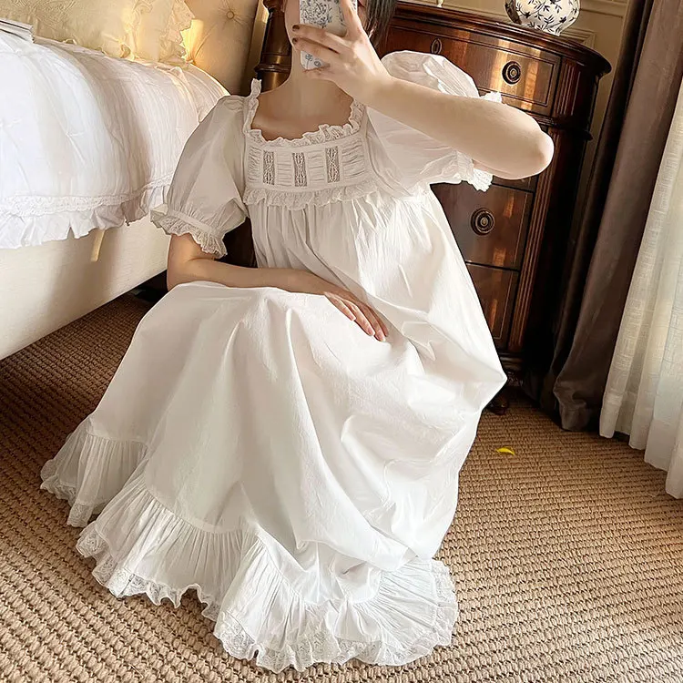 Unikiwi Vintage Women Sleepwear Princess Dress Royal Style Lace Square Collar Nightgowns.Puff Sleeves Long Nightdress Nightie