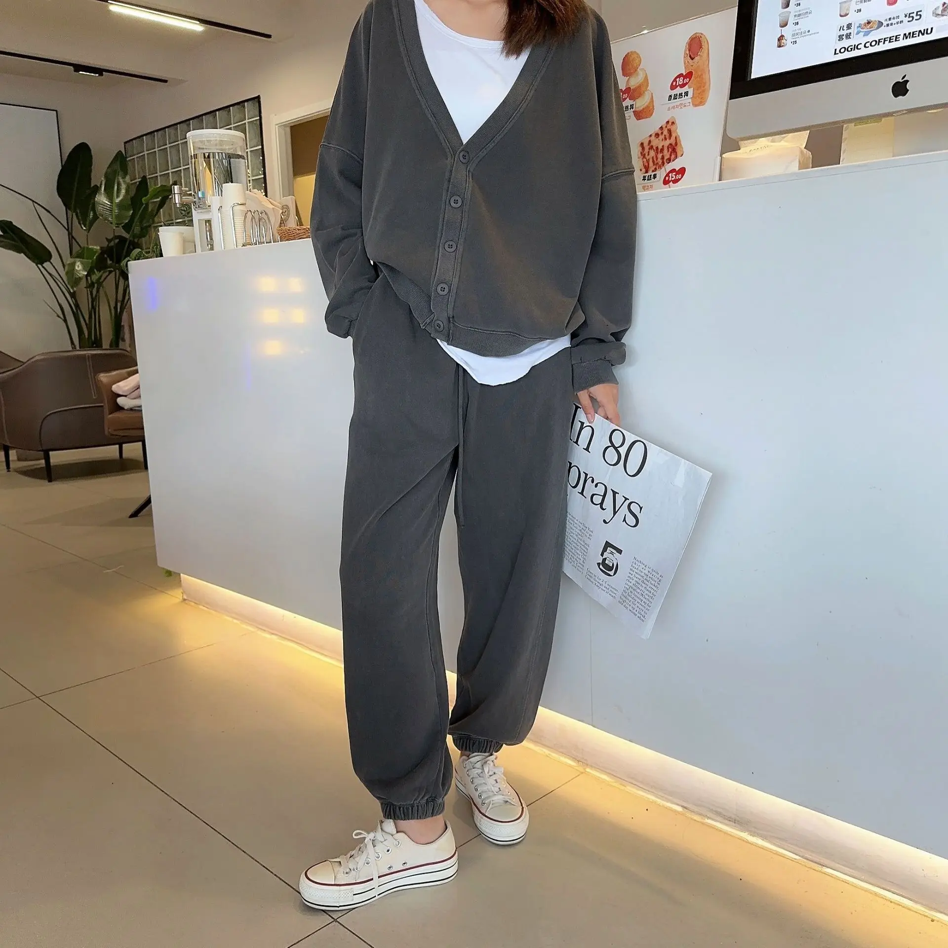 Faded Effect Casual Sweatshirt And Sweatpant 2 Pieces Set Woman V Neck Loose Basic Cardigan Coat Drawstring Sporty Jogger Pants